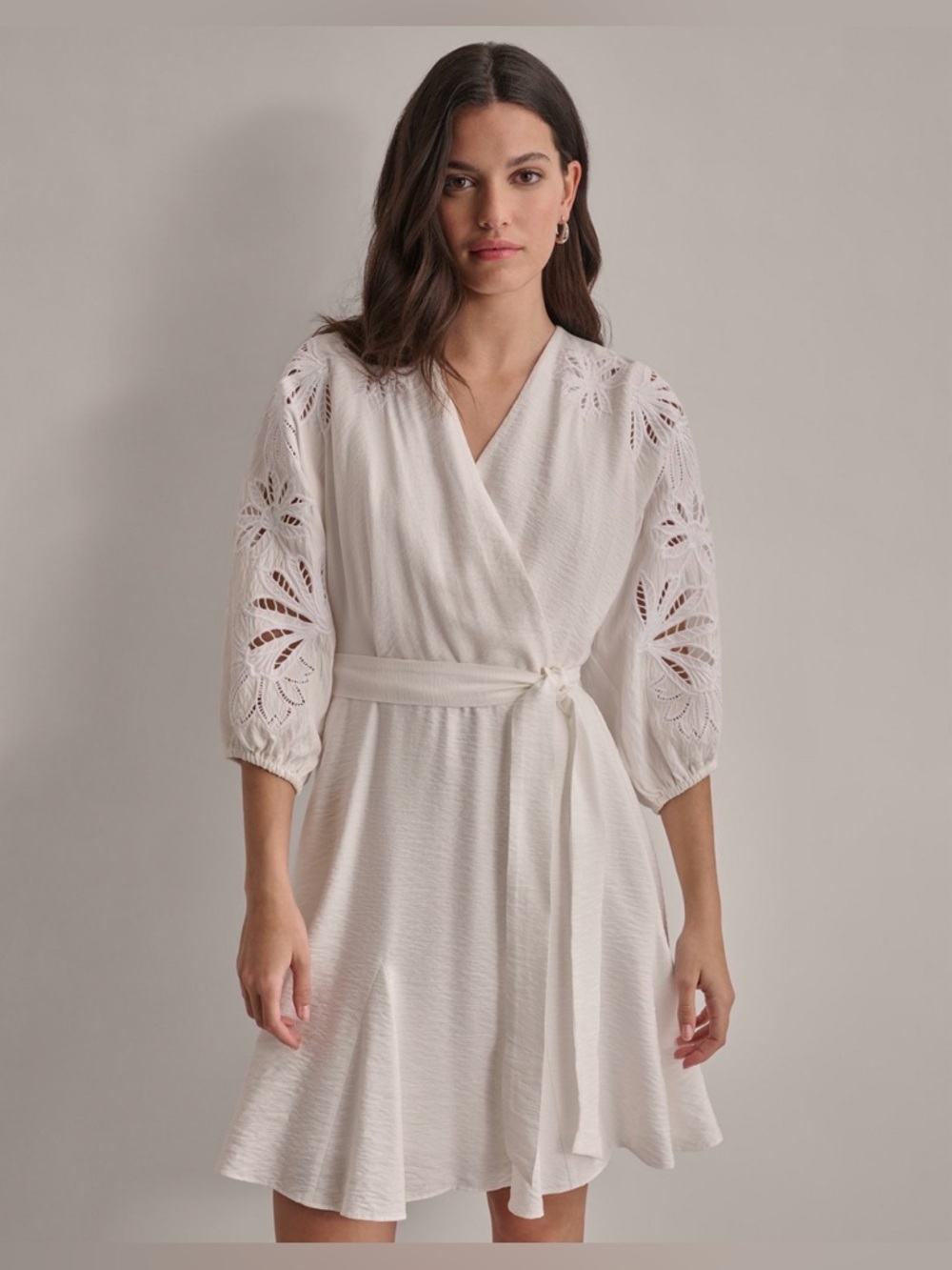 DKNY Women's V-neck Embroidered-Trim Belted Mini Dress White Eyelet Size 8 NWT